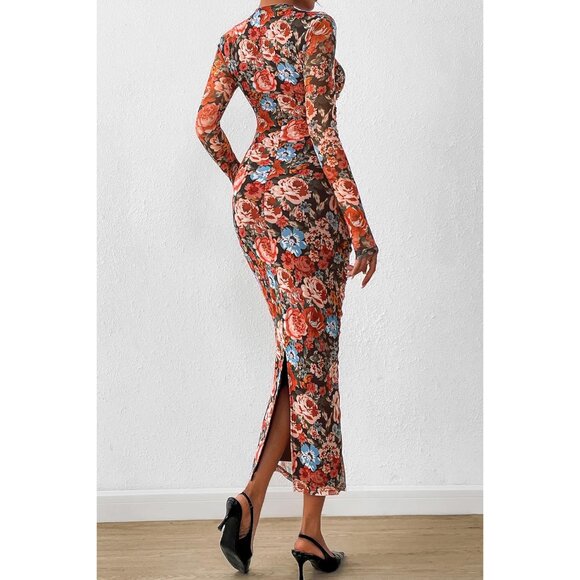 Women's Multicolored Long Sleeve Spring Ruched Bodycon Floral Mesh Maxi Dress - Picture 5 of 8